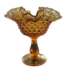 Fenton Hobnail Compote Dish Amber Glass Ruffled Candy Bowl Vintage Pedestal MCM